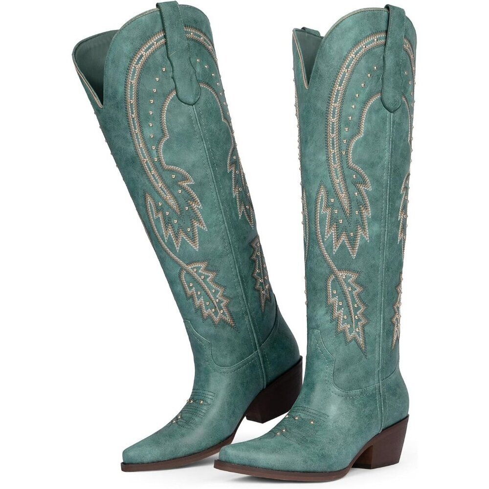 Women's Blue Knee High Rhinestone Cowgirl Boots Pointed Toe Slip on Chunky Heel - Picture 4 of 6